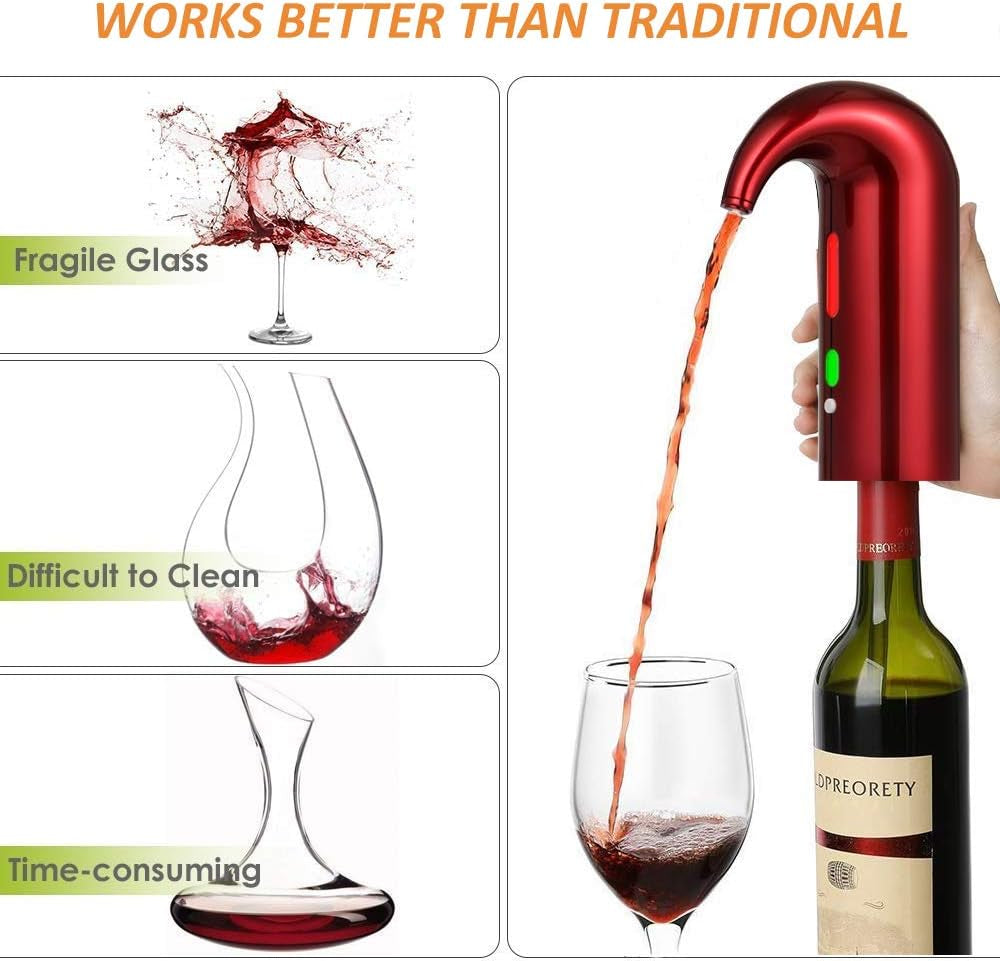 Electric Wine Aerator,  Portable Wine Decanter Pump and Dispenser One-Touch Automatic for Red and White Wine (Red)